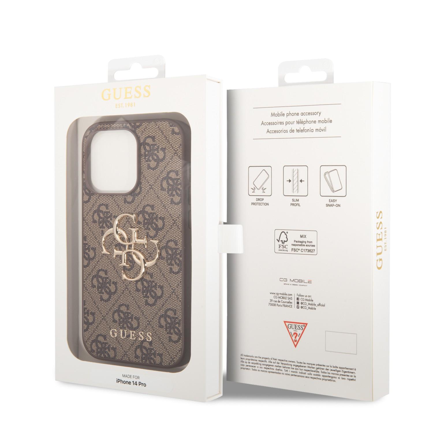 كفر ايفون 14 برو بني جيس Guess PU 4G Big Metal Logo Hard Case for iPhone 14 Pro Brown - cG9zdDoxMzg0NTM3