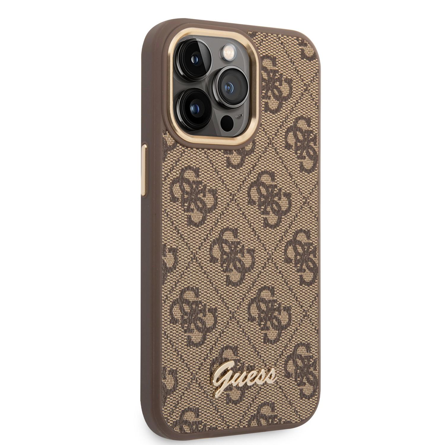 كفر ايفون 14 برو بني جيس Guess PC/TPU 4G PU Case With Metal Camera Outline & Buttons For iPhone 14 Pro Brown - cG9zdDoxMzg0NDQw