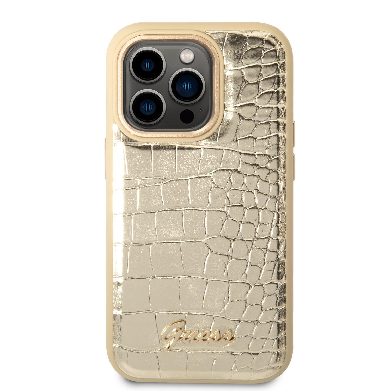 كفر حماية ايفون 14 برو ذهبي جيس Guess Pu Croco Case With Metal Camera Outline For iPhone 14 Pro Gold - cG9zdDoxMzg0MzA3