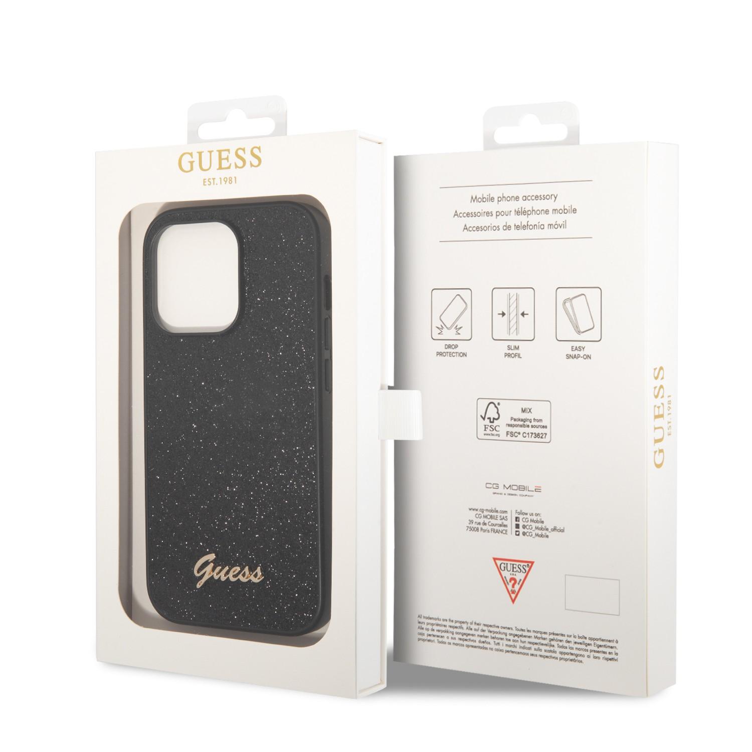 كفر ايفون 14 برو أسود جيس Guess PC/TPU Glitter Script Hard Case for iPhone 14 Pro Black - cG9zdDoxMzg0MjE2