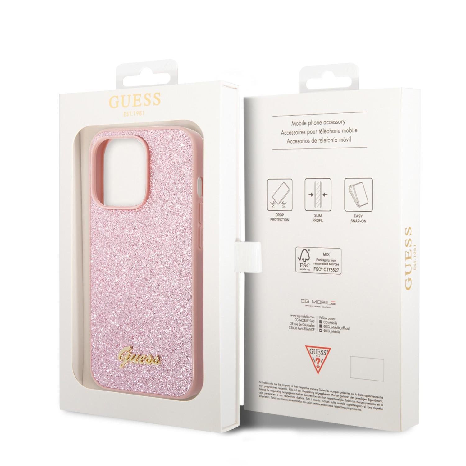 كفر ايفون 14 برو زهر جيس Guess PC/TPU Glitter Script Hard Case for iPhone 14 Pro Pink - cG9zdDoxMzg1MTQx