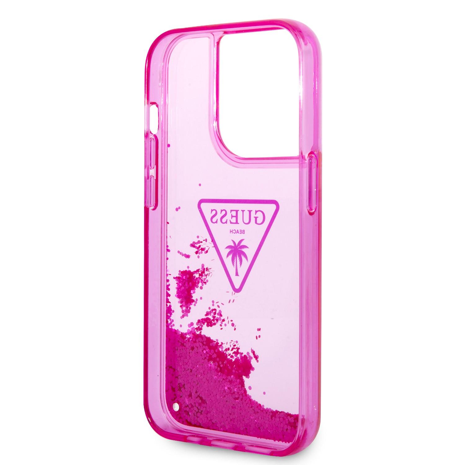 كفر ايفون 14 برو زهر جيس Guess Liquid Glitter Case With Translucent Triangle Logo For iPhone 14 Pro Pink - cG9zdDoxMzg0OTMx
