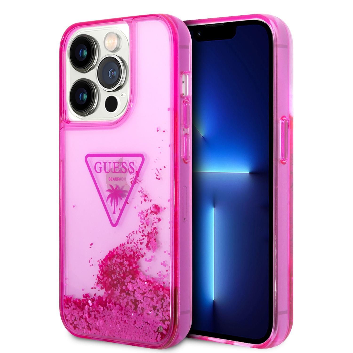 كفر ايفون 14 برو زهر جيس Guess Liquid Glitter Case With Translucent Triangle Logo For iPhone 14 Pro Pink - cG9zdDoxMzg0OTMz