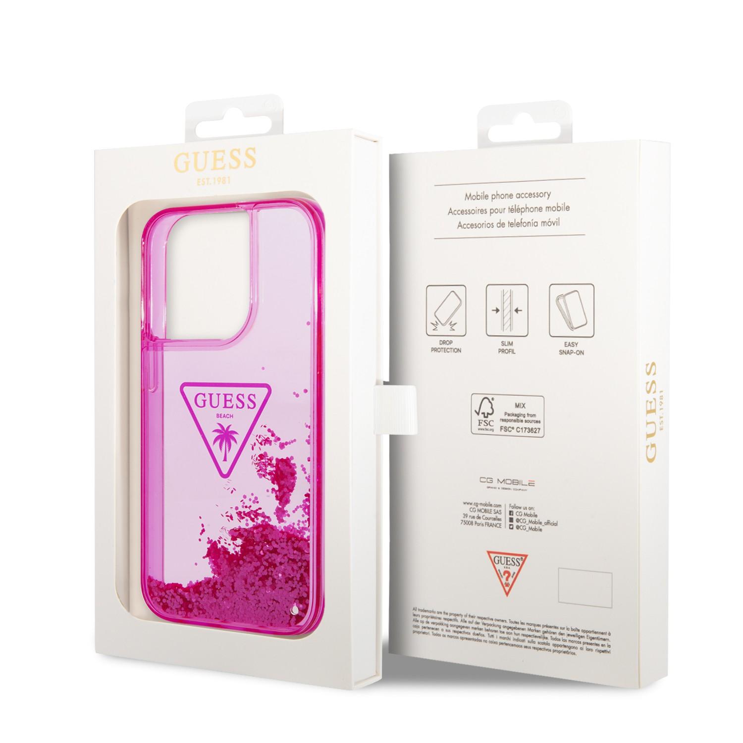 كفر ايفون 14 برو زهر جيس Guess Liquid Glitter Case With Translucent Triangle Logo For iPhone 14 Pro Pink - cG9zdDoxMzg0OTM1