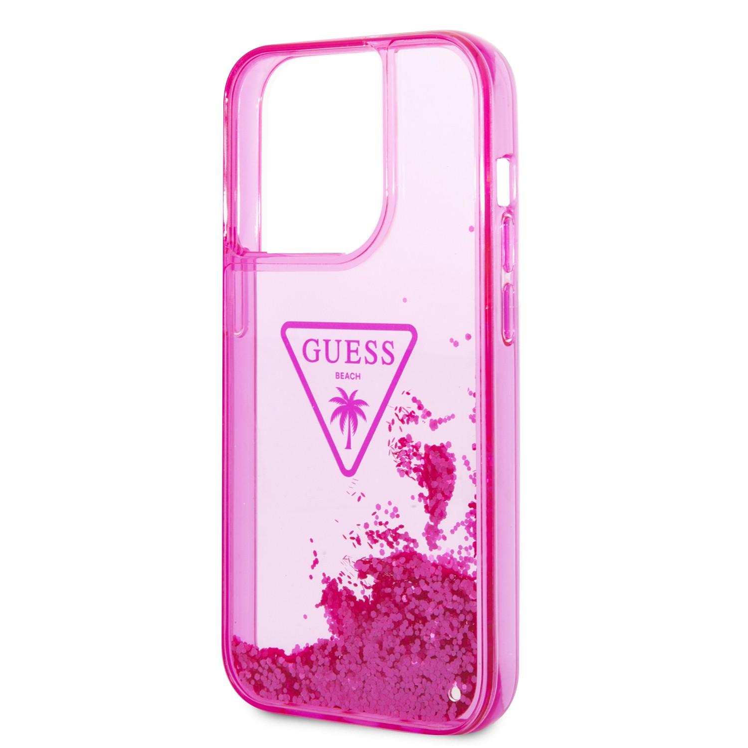 كفر ايفون 14 برو زهر جيس Guess Liquid Glitter Case With Translucent Triangle Logo For iPhone 14 Pro Pink - cG9zdDoxMzg0OTM3