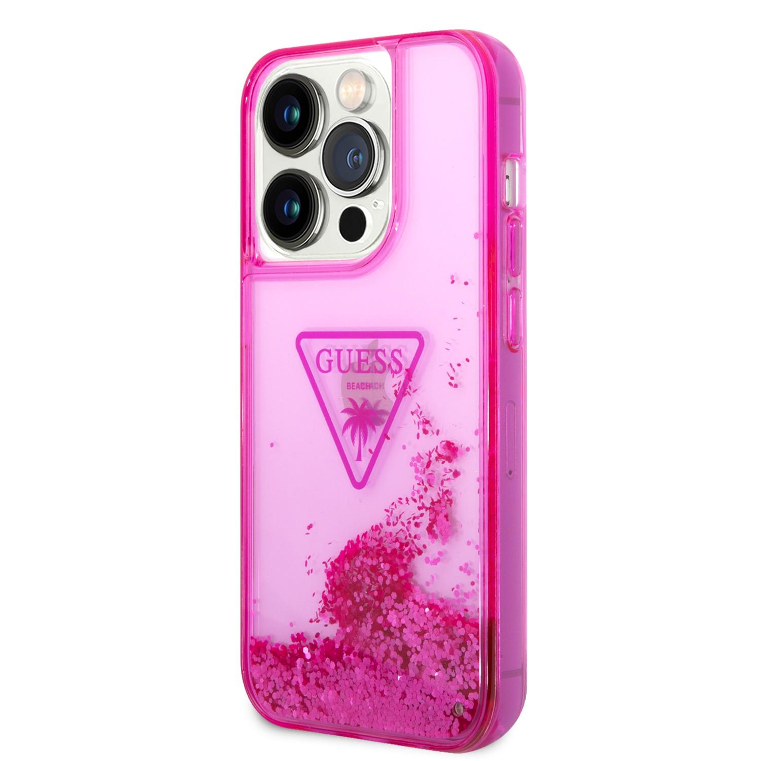 كفر ايفون 14 برو زهر جيس Guess Liquid Glitter Case With Translucent Triangle Logo For iPhone 14 Pro Pink - cG9zdDoxMzg0OTM5