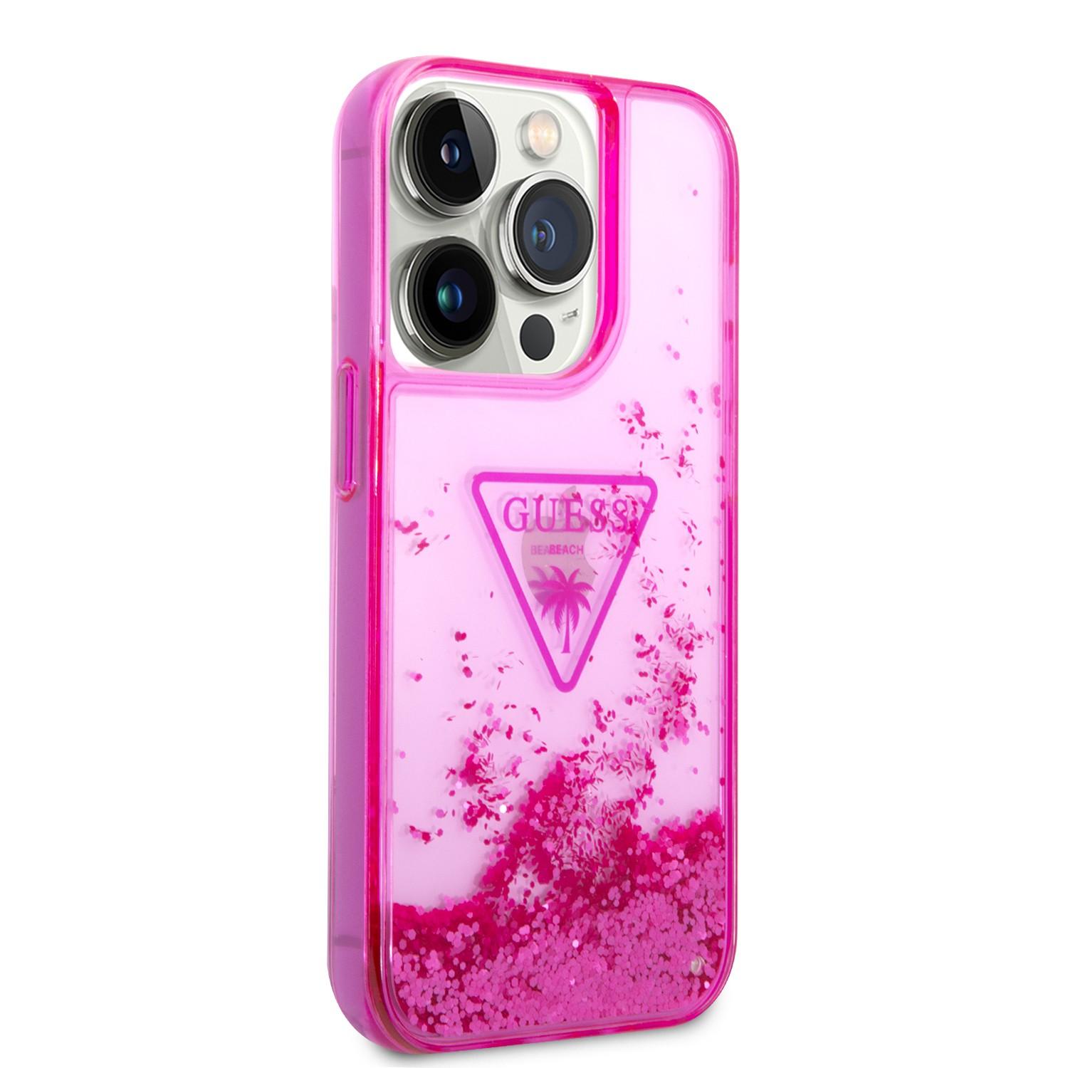 كفر ايفون 14 برو زهر جيس Guess Liquid Glitter Case With Translucent Triangle Logo For iPhone 14 Pro Pink - cG9zdDoxMzg0OTQx