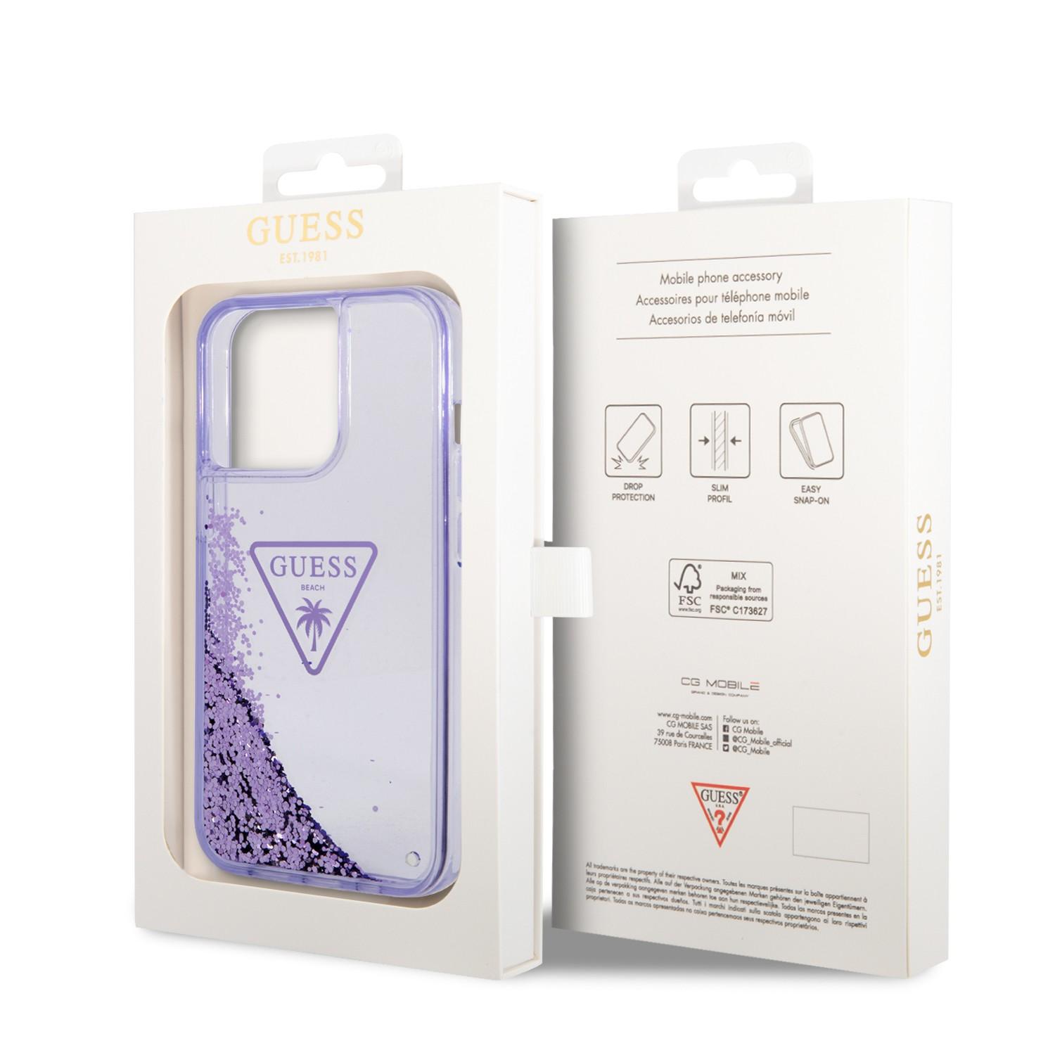 كفر ايفون 14 برو نهدي جيس Guess Liquid Glitter Case With Translucent Triangle Logo For iPhone 14 Pro Purple - cG9zdDoxMzg0Nzc3