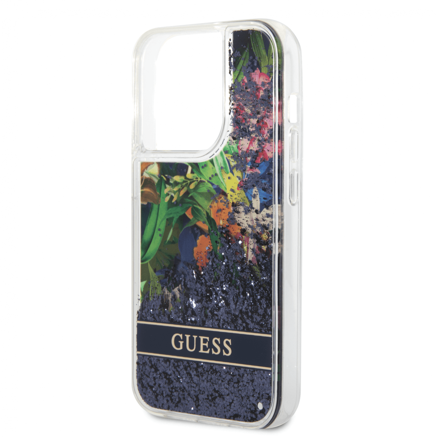 كفر ايفون 14 برو ذهبي جيس Guess Liquid Glitter Case With Flower Pattern For iPhone 14 Pro Gold