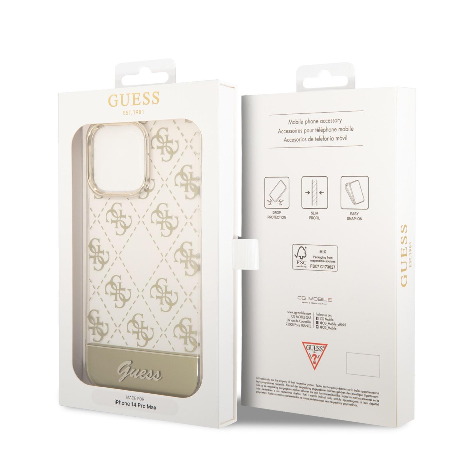 كفر ايفون 14 برو ماكس ذهبي جيس Guess 4G Electro Script Hard Case for iPhone 14 Pro Max Gold - cG9zdDoxMzg1Mjg4