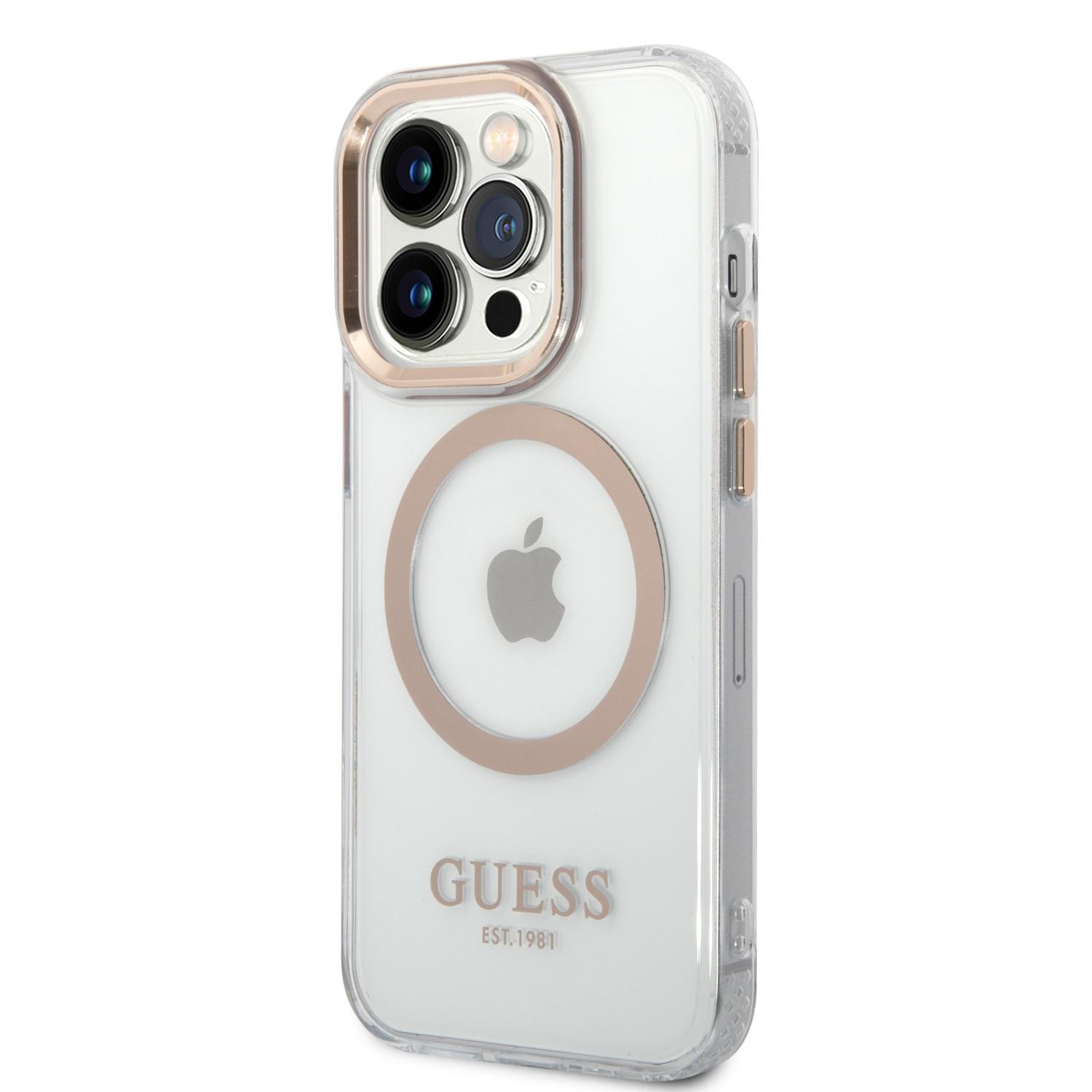 كفر ايفون 14 برو ماكس ماغ سيف ذهبي جيس Guess Outline Transparent MagSafe Case iPhone 14 Pro Max Gold - cG9zdDoxMzg0ODI2