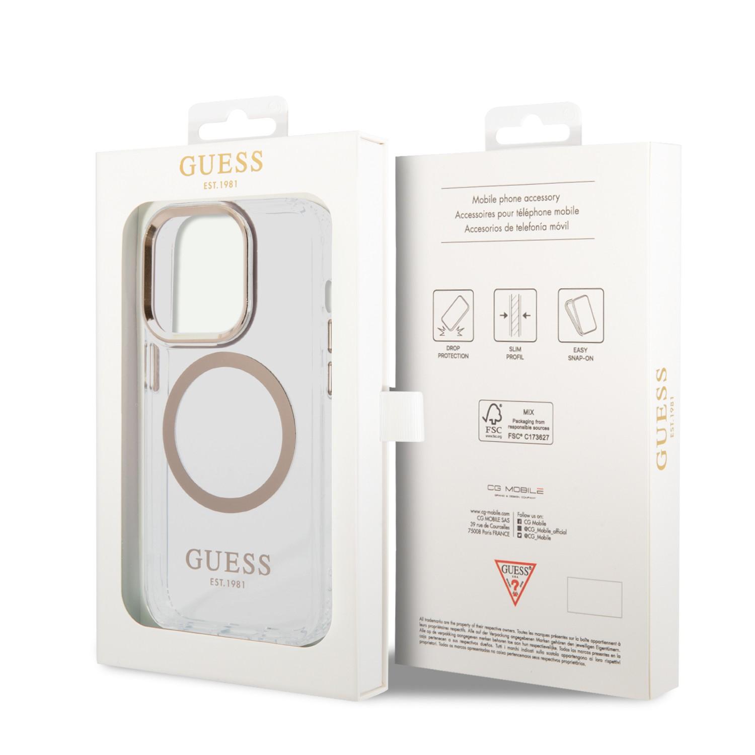 كفر ايفون 14 برو ماكس ماغ سيف ذهبي جيس Guess Outline Transparent MagSafe Case iPhone 14 Pro Max Gold - cG9zdDoxMzg0ODMw