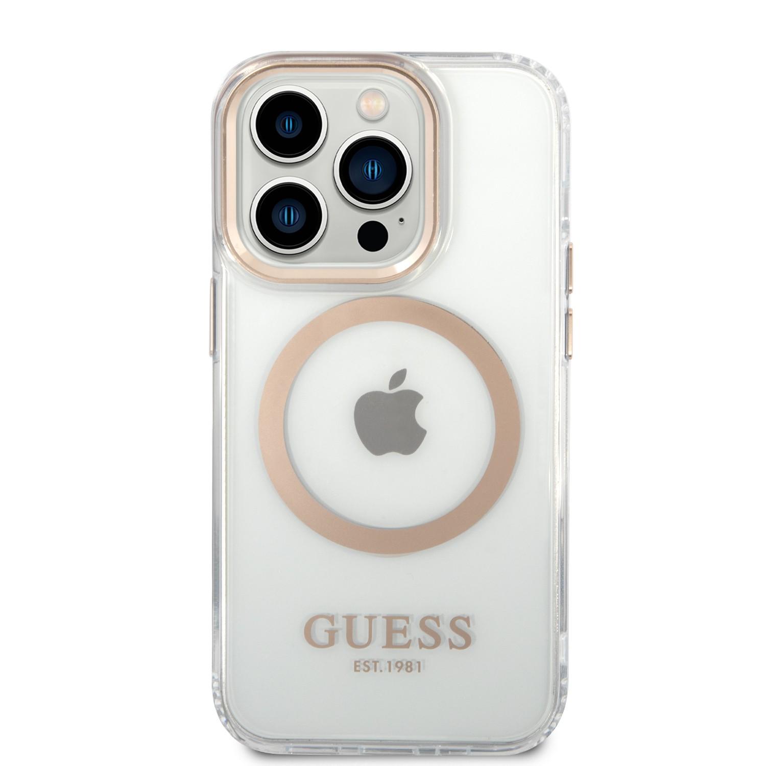 كفر ايفون 14 برو ماكس ماغ سيف ذهبي جيس Guess Outline Transparent MagSafe Case iPhone 14 Pro Max Gold - cG9zdDoxMzg0ODM2