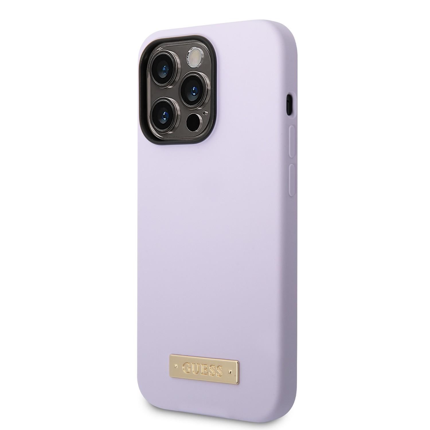كفر ايفون 14 برو سيليكون ماغ سيف بنفسجي جيس Guess Magsafe Liquid Silicone Logo Hard Case for iPhone 14 Pro Plate Purple - cG9zdDoxMzg1MDAy
