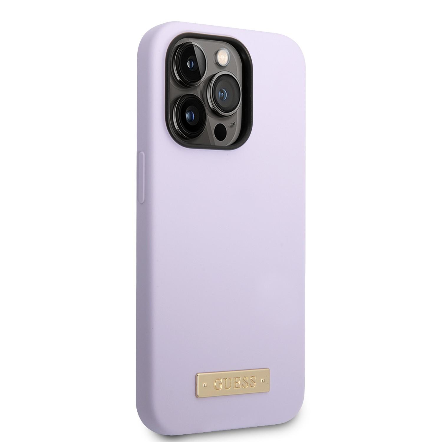 كفر ايفون 14 برو سيليكون ماغ سيف بنفسجي جيس Guess Magsafe Liquid Silicone Logo Hard Case for iPhone 14 Pro Plate Purple - cG9zdDoxMzg1MDA0