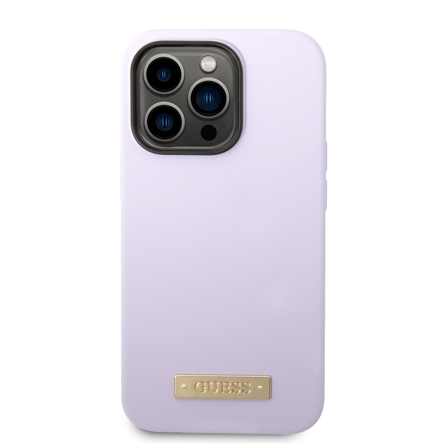 كفر ايفون 14 برو سيليكون ماغ سيف بنفسجي جيس Guess Magsafe Liquid Silicone Logo Hard Case for iPhone 14 Pro Plate Purple - cG9zdDoxMzg1MDA2