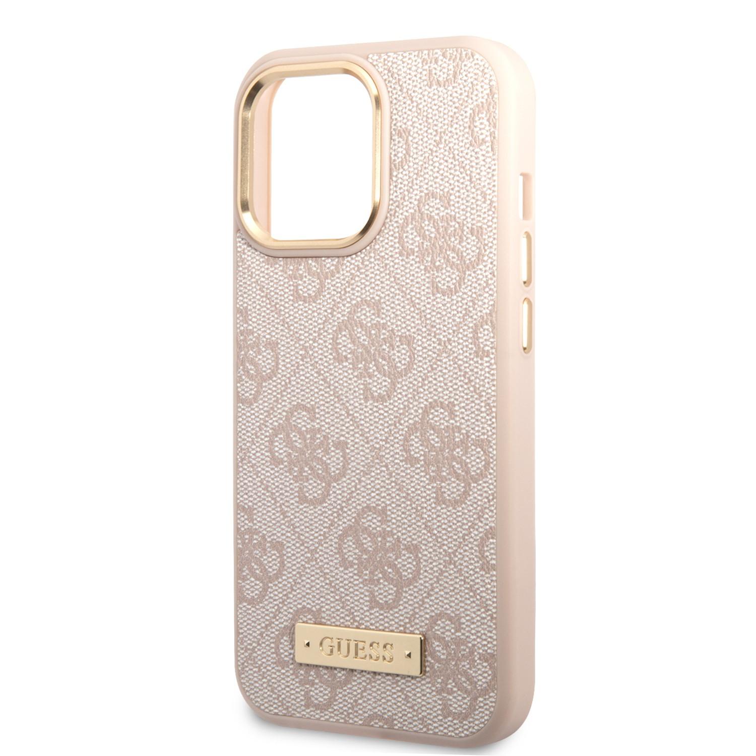 كفر ايفون 14 برو ماغ سيف زهر جيس Guess Magsafe 4G PU Case With Metal Plate Logo For iPhone 14 Pro Pink - cG9zdDoxMzg1MDEz