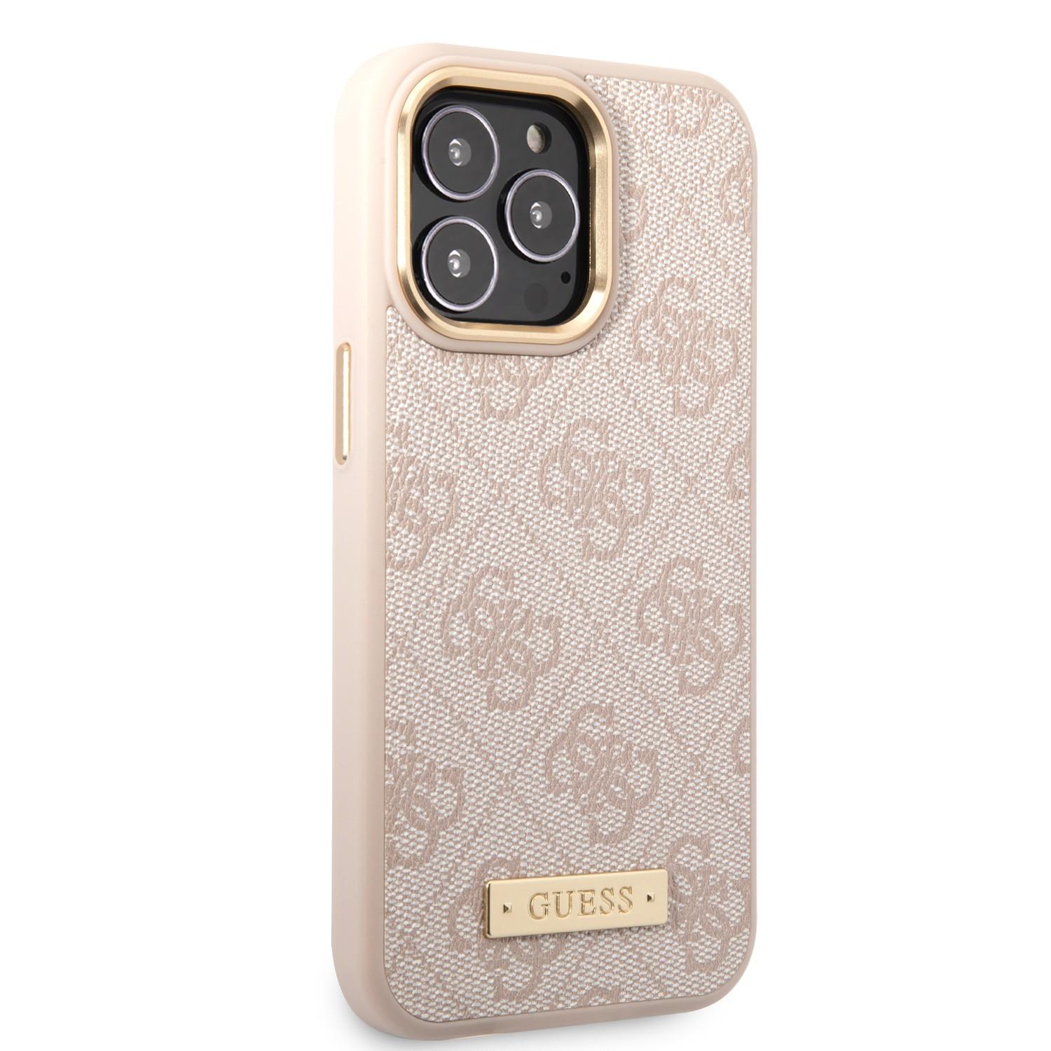 كفر ايفون 14 برو ماغ سيف زهر جيس Guess Magsafe 4G PU Case With Metal Plate Logo For iPhone 14 Pro Pink - cG9zdDoxMzg1MDE3