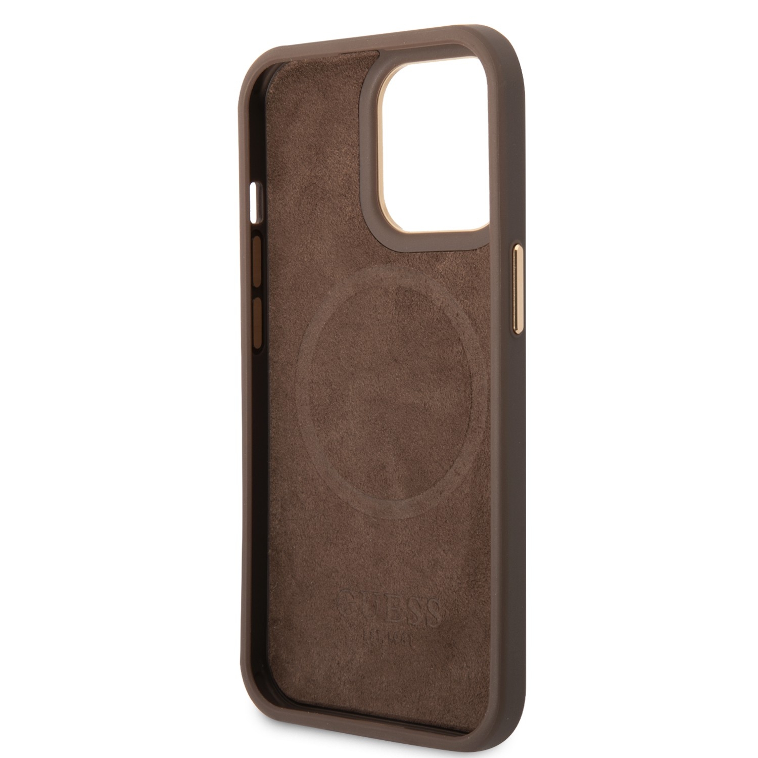 كفر ايفون 14 برو ماغ سيف بني جيس Guess Magsafe 4G PU Case With Metal Plate Logo for iPhone 14 Pro Brown