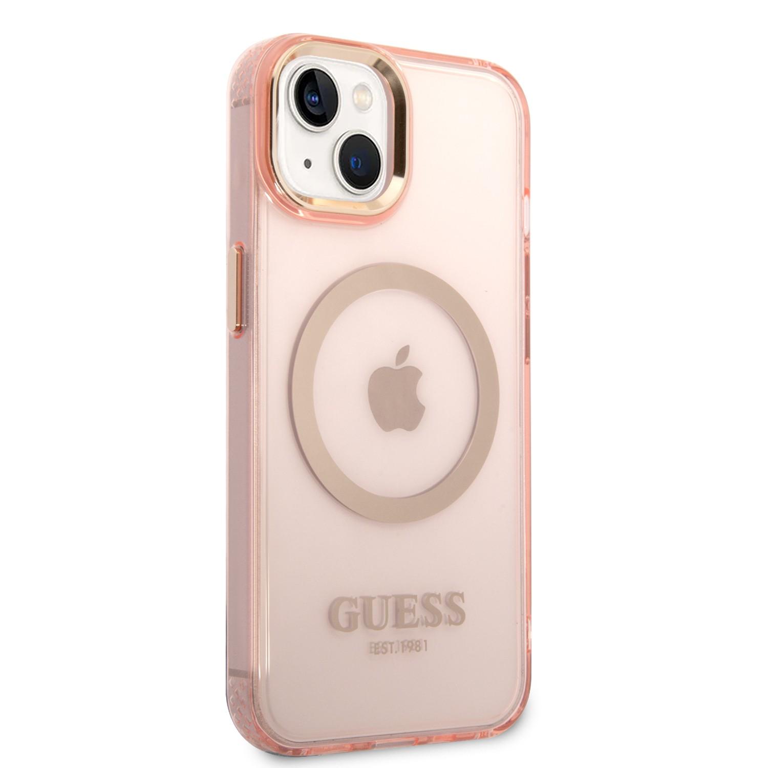 كفر ايفون 14ماغ سيف زهر جيس Guess Magsafe Case With Translucent Gold Outline For iPhone 14 Pink - cG9zdDoxMzgzODkw