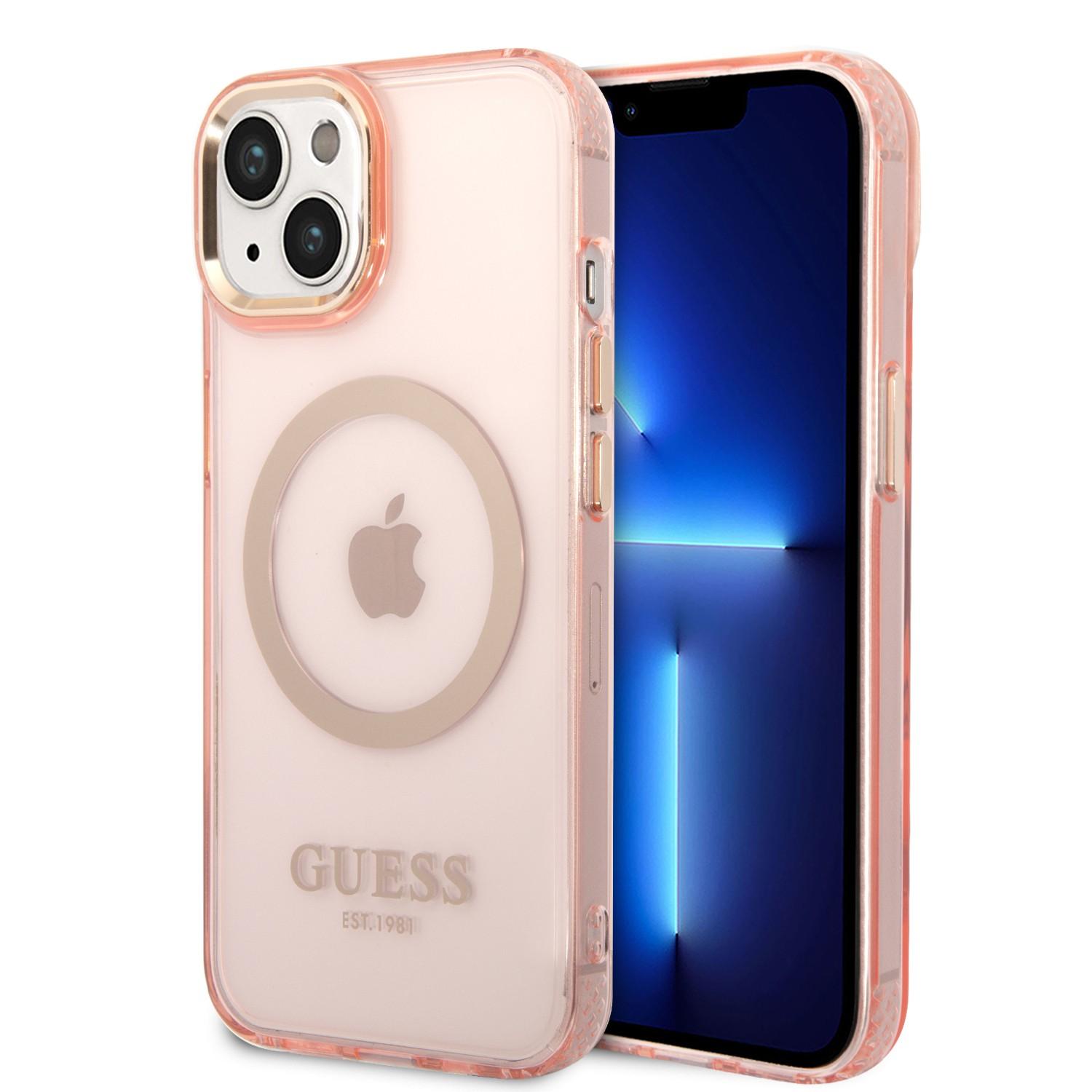 كفر ايفون 14ماغ سيف زهر جيس Guess Magsafe Case With Translucent Gold Outline For iPhone 14 Pink - cG9zdDoxMzgzODky