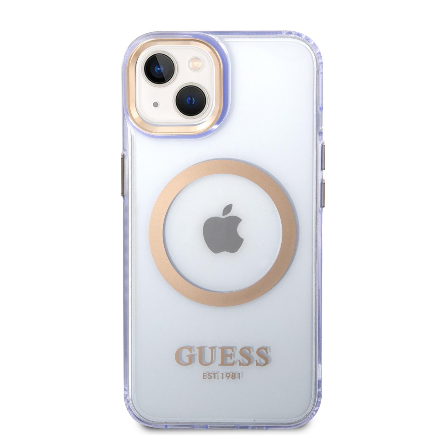 كفر ايفون 14 ماغ سيف بنفسجي جيس Guess Magsafe Case With Translucent Gold Outline For iPhone 14 Purple - cG9zdDoxMzgzMzM2
