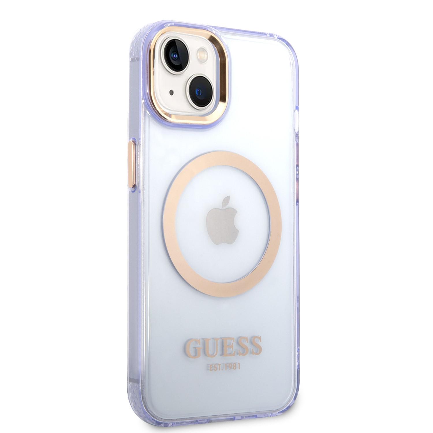 كفر ايفون 14 ماغ سيف بنفسجي جيس Guess Magsafe Case With Translucent Gold Outline For iPhone 14 Purple - cG9zdDoxMzgzMzQw