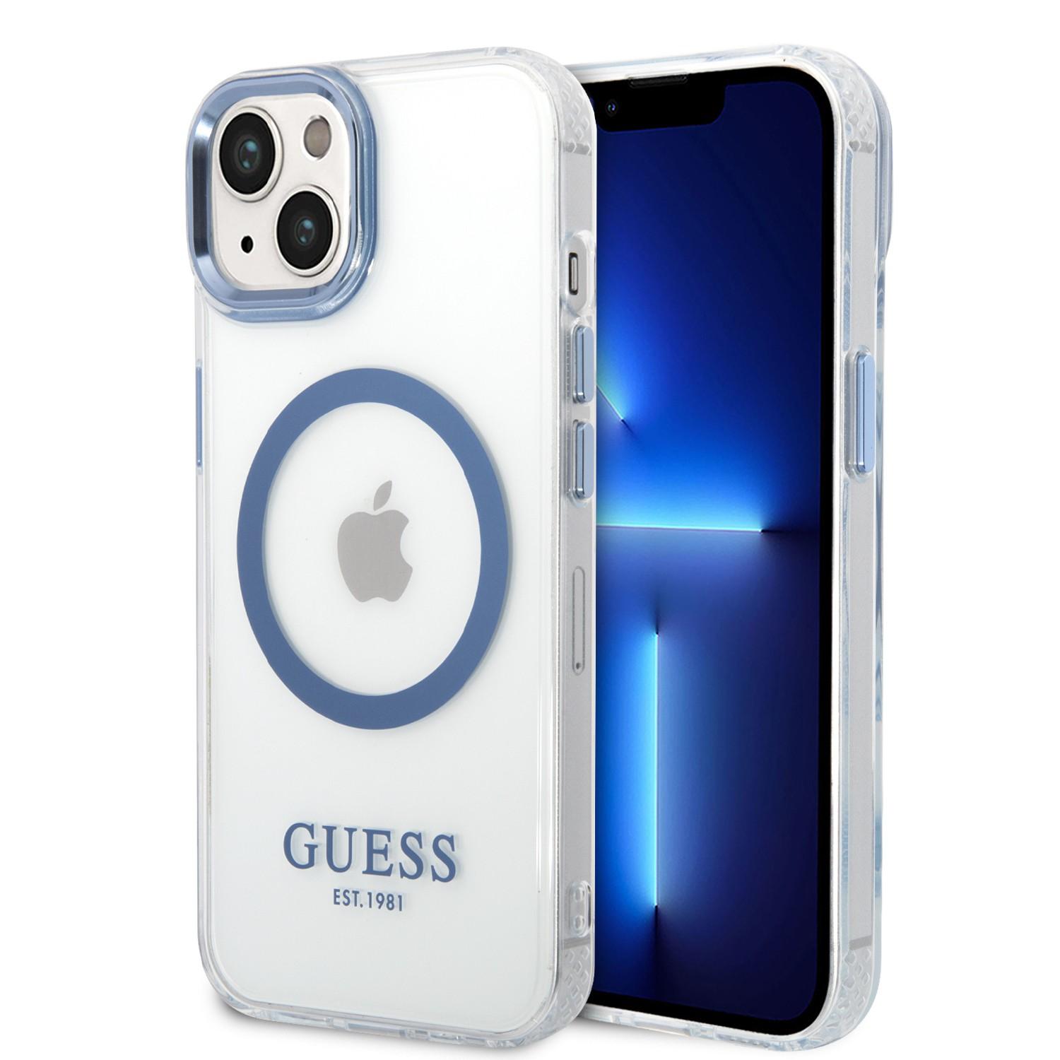كفر ايفون 14ماغ سيف أزرق جيس Guess Outline Transparent MagSafe Case for iPhone 14 Blue - cG9zdDoxMzgzNzU3