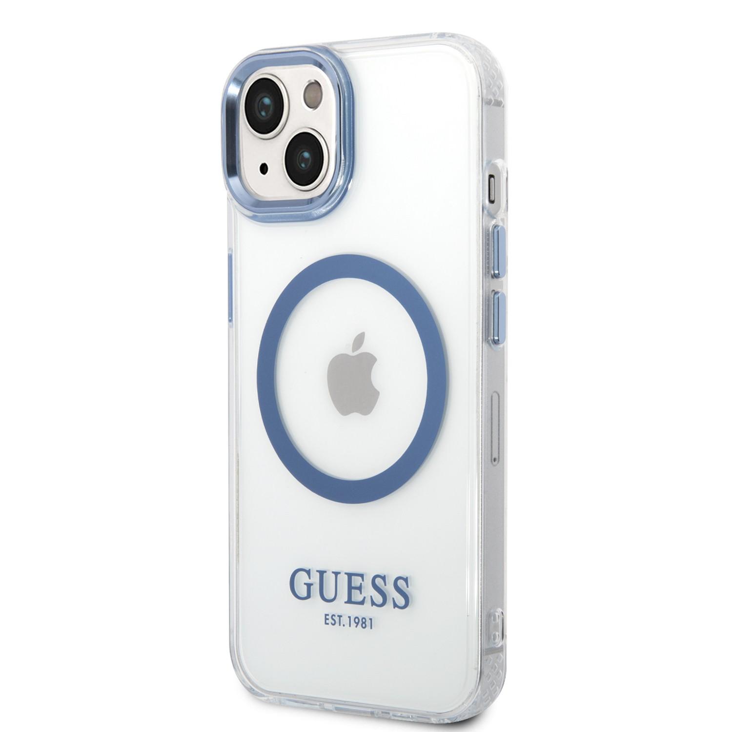 كفر ايفون 14ماغ سيف أزرق جيس Guess Outline Transparent MagSafe Case for iPhone 14 Blue - cG9zdDoxMzgzNzYz