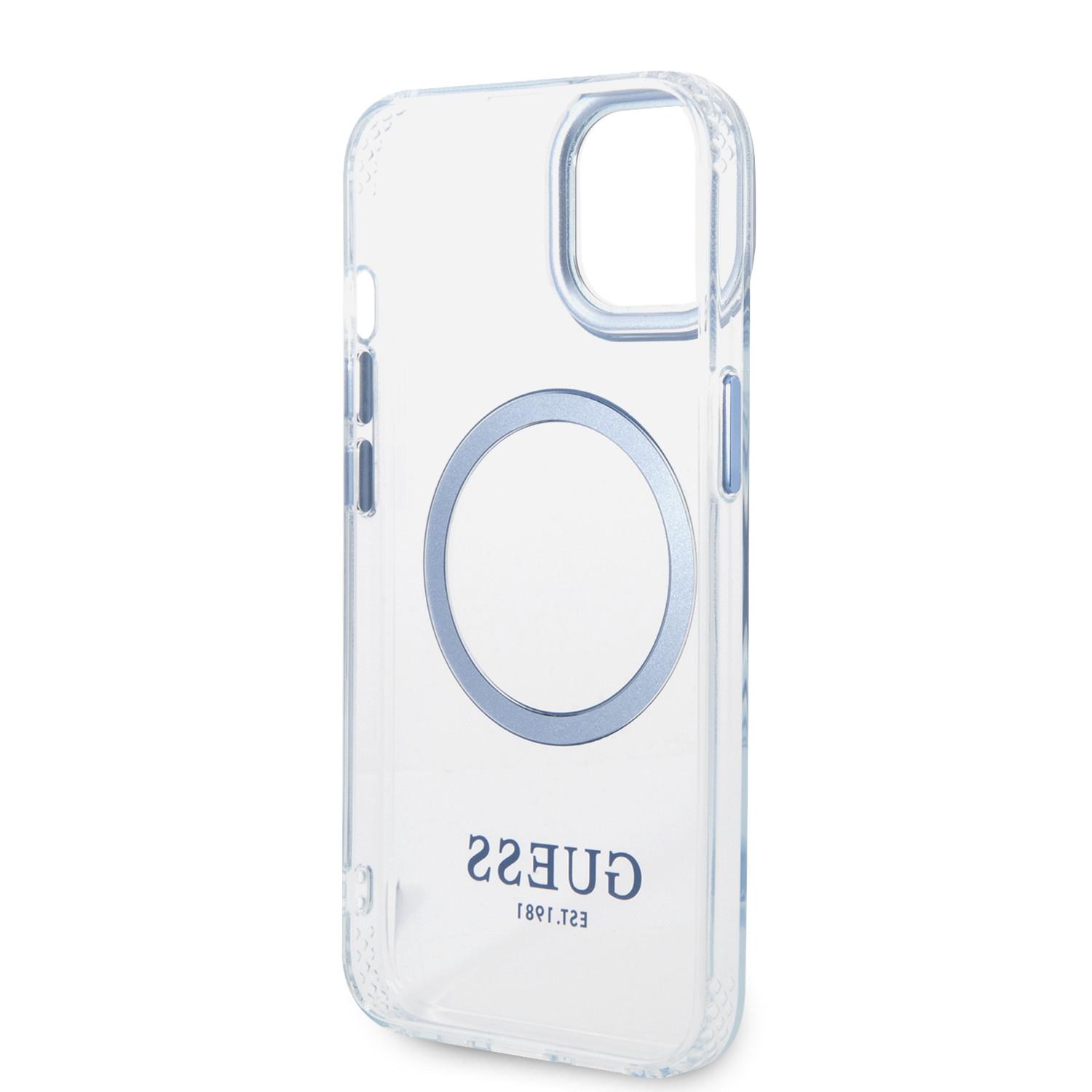 كفر ايفون 14ماغ سيف أزرق جيس Guess Outline Transparent MagSafe Case for iPhone 14 Blue - cG9zdDoxMzgzNzY1