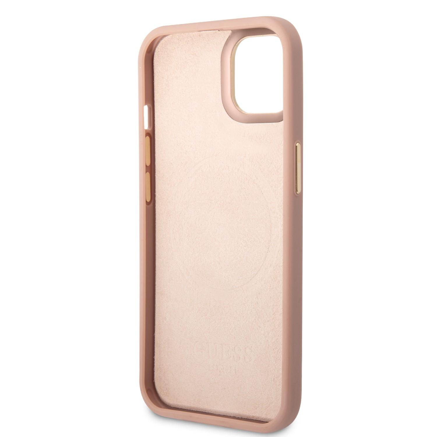كفر ايفون 14 ماغ سيف زهر جيس Guess Magsafe 4G Peony PU Case With Metal Plate Logo For iPhone 14 Pink - cG9zdDoxMzgzMzkw
