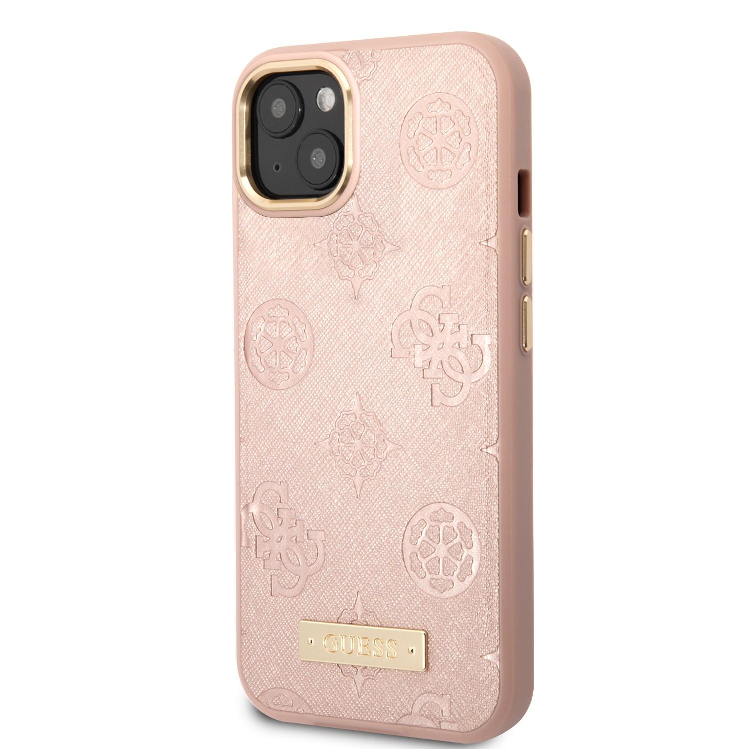 كفر ايفون 14 ماغ سيف زهر جيس Guess Magsafe 4G Peony PU Case With Metal Plate Logo For iPhone 14 Pink - cG9zdDoxMzgzMzky