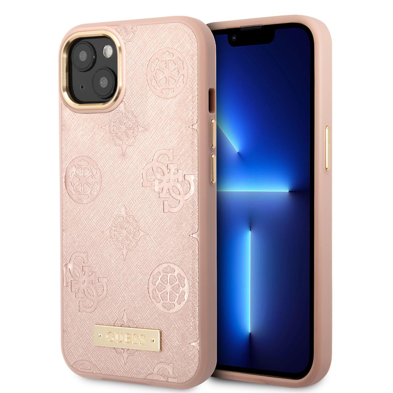 كفر ايفون 14 ماغ سيف زهر جيس Guess Magsafe 4G Peony PU Case With Metal Plate Logo For iPhone 14 Pink - cG9zdDoxMzgzMzk2