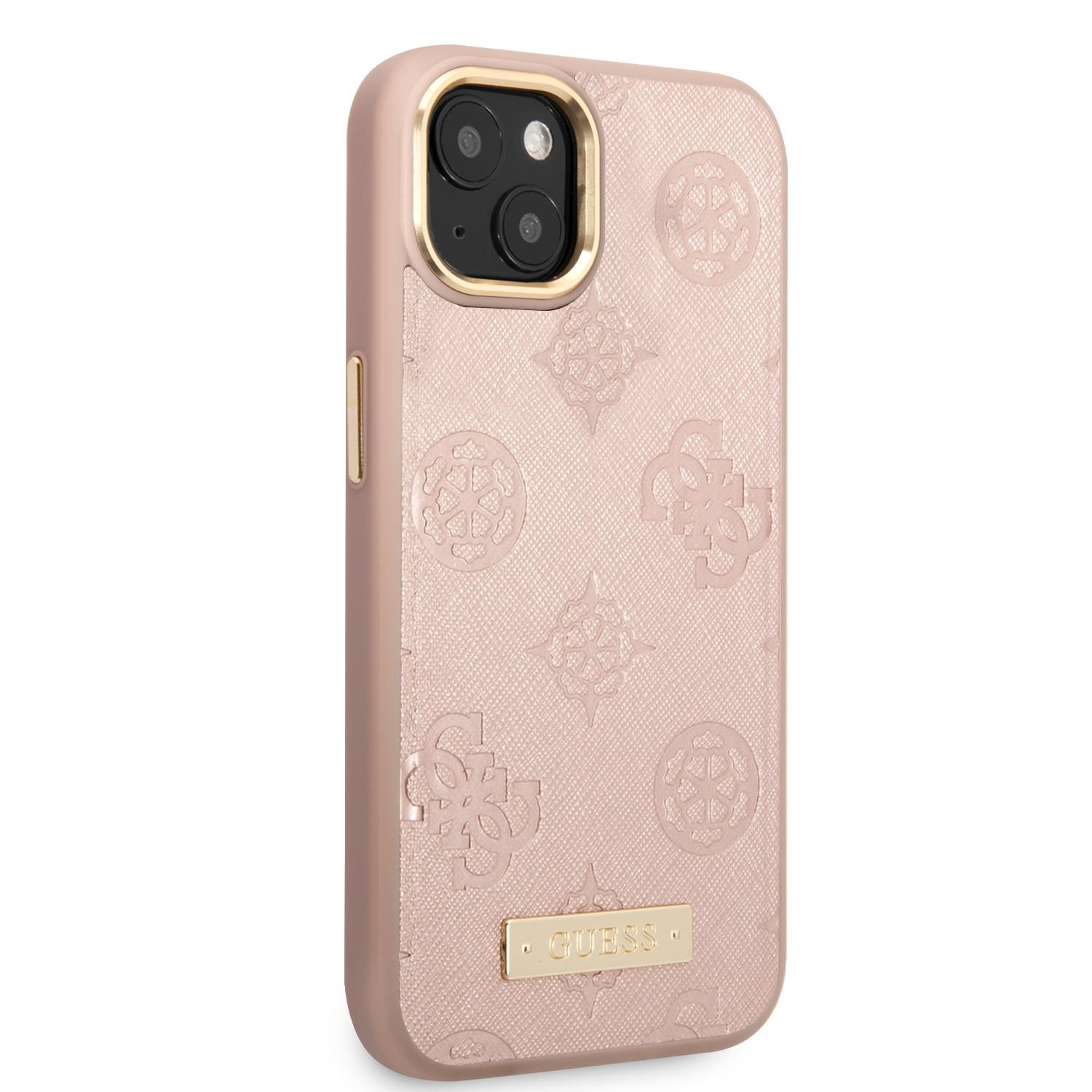 كفر ايفون 14 ماغ سيف زهر جيس Guess Magsafe 4G Peony PU Case With Metal Plate Logo For iPhone 14 Pink - cG9zdDoxMzgzNDA2