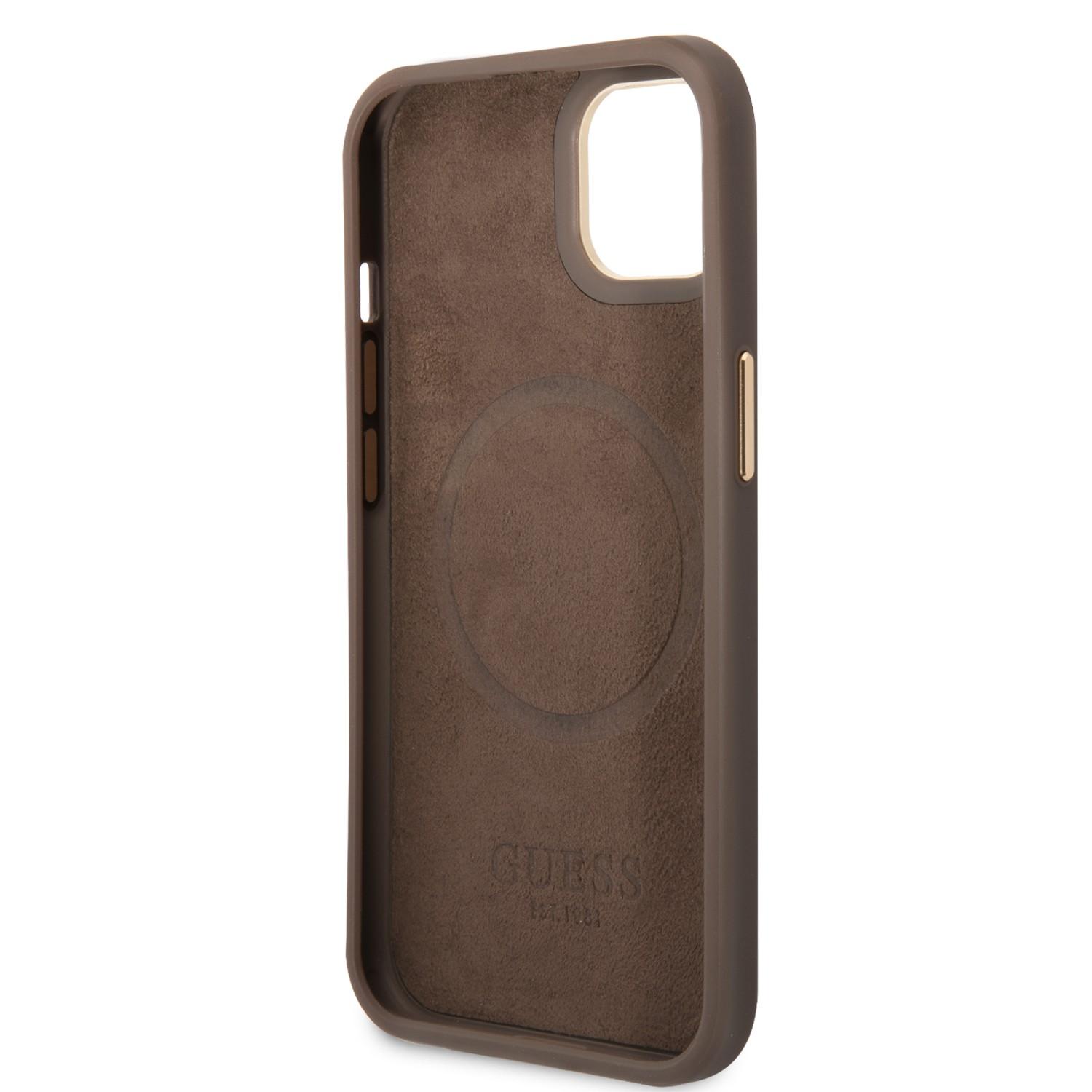 كفر ايفون 14 ماغ سيف بني جيس Guess Magsafe 4G PU Case With Metal Plate Logo for iPhone 14 Brown - cG9zdDoxMzgzODQ4