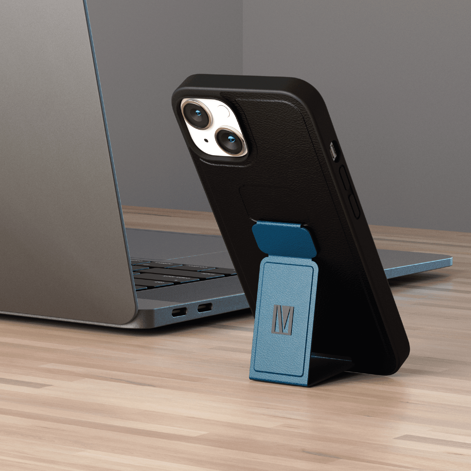 كفر ايفون جلد لجوال ايفون 14 بلاس بلون أسود وأزرق مع حامل تثبيت ليفيلو  Levelo Morphix Gripstand iPhone 14 Plus PU Leather Case Pacific Blue - cG9zdDoxMzk0NTYy