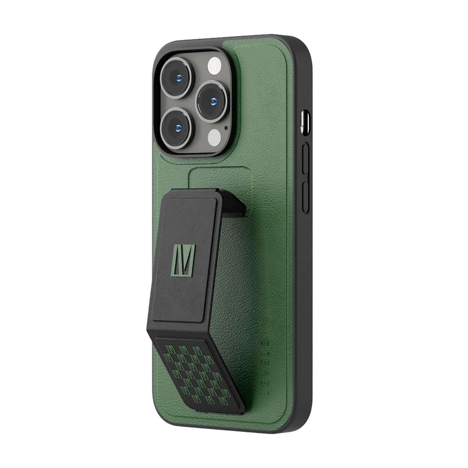 كفر ايفون جلد لجوال ايفون 14 برو بلون أخضر مع حامل تثبيت ليفيلو  Levelo Morphix Gripstand iPhone 14 Pro PU Leather Case Strom Forest Green - cG9zdDoxMzkzODQx