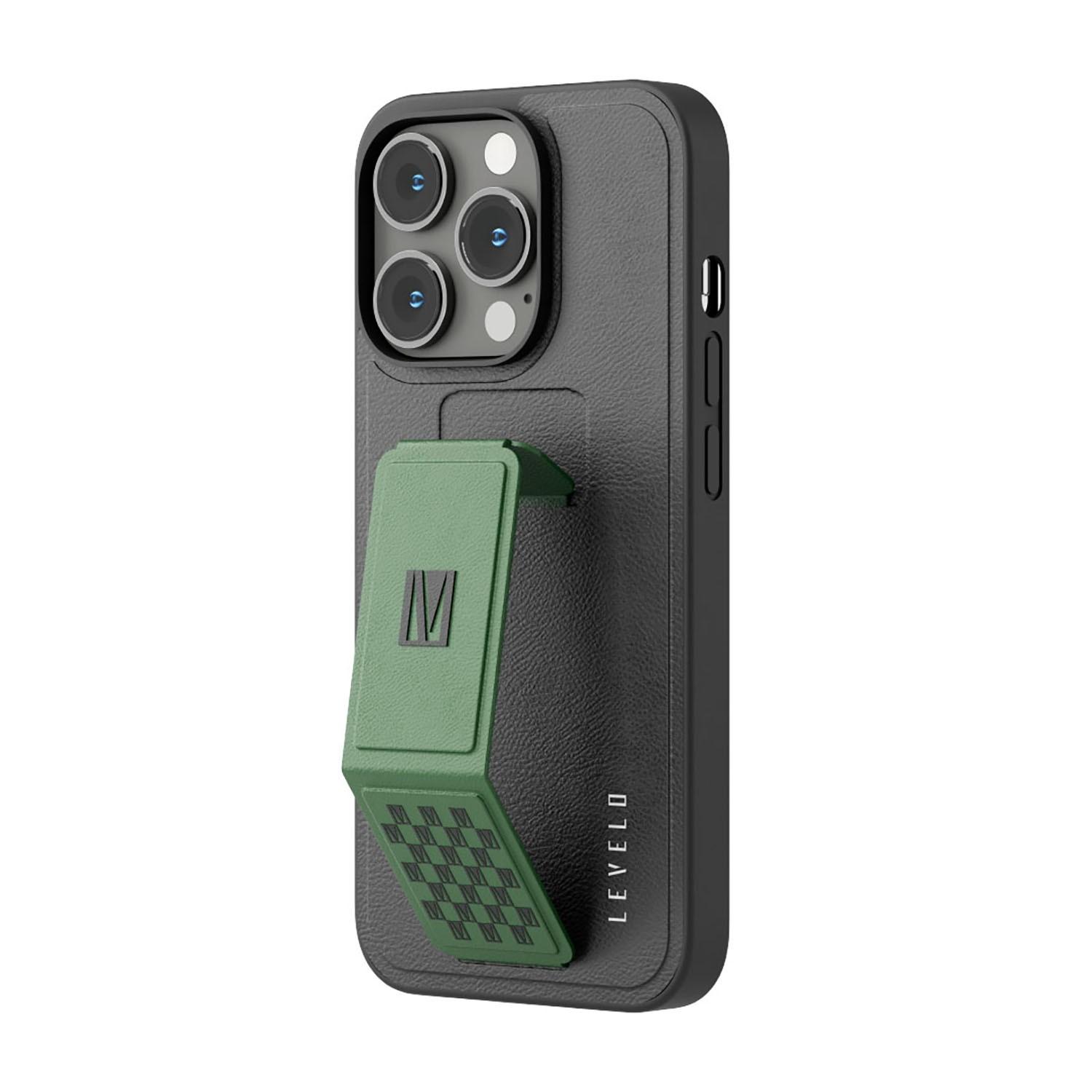 كفر ايفون جلد لجوال ايفون 14 برو ماكس بلون أسود وأخضر مع حامل تثبيت ليفيلو   Levelo Morphix Gripstand iPhone 14 Pro Max PU Leather Case Pacific Green - cG9zdDoxMzk0MjEy