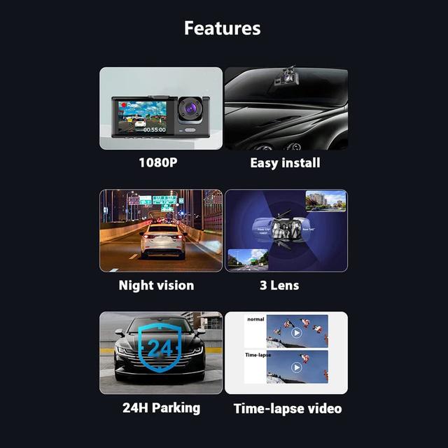 CRONY S11 Three-Camera 1920*1080 pushbutton dashcam 1080P DVR Dashcam Front Indoor and Rear View Camera Driving Recorder 2 Inch Screen Dash Cam Support Night Vision Loop Recording - SW1hZ2U6MTQyNzQ3Mw==