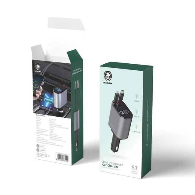 Green Lion Integrated Car Charger with Retractable Cables 38W - Gray - SW1hZ2U6MTYzNzUwMQ==
