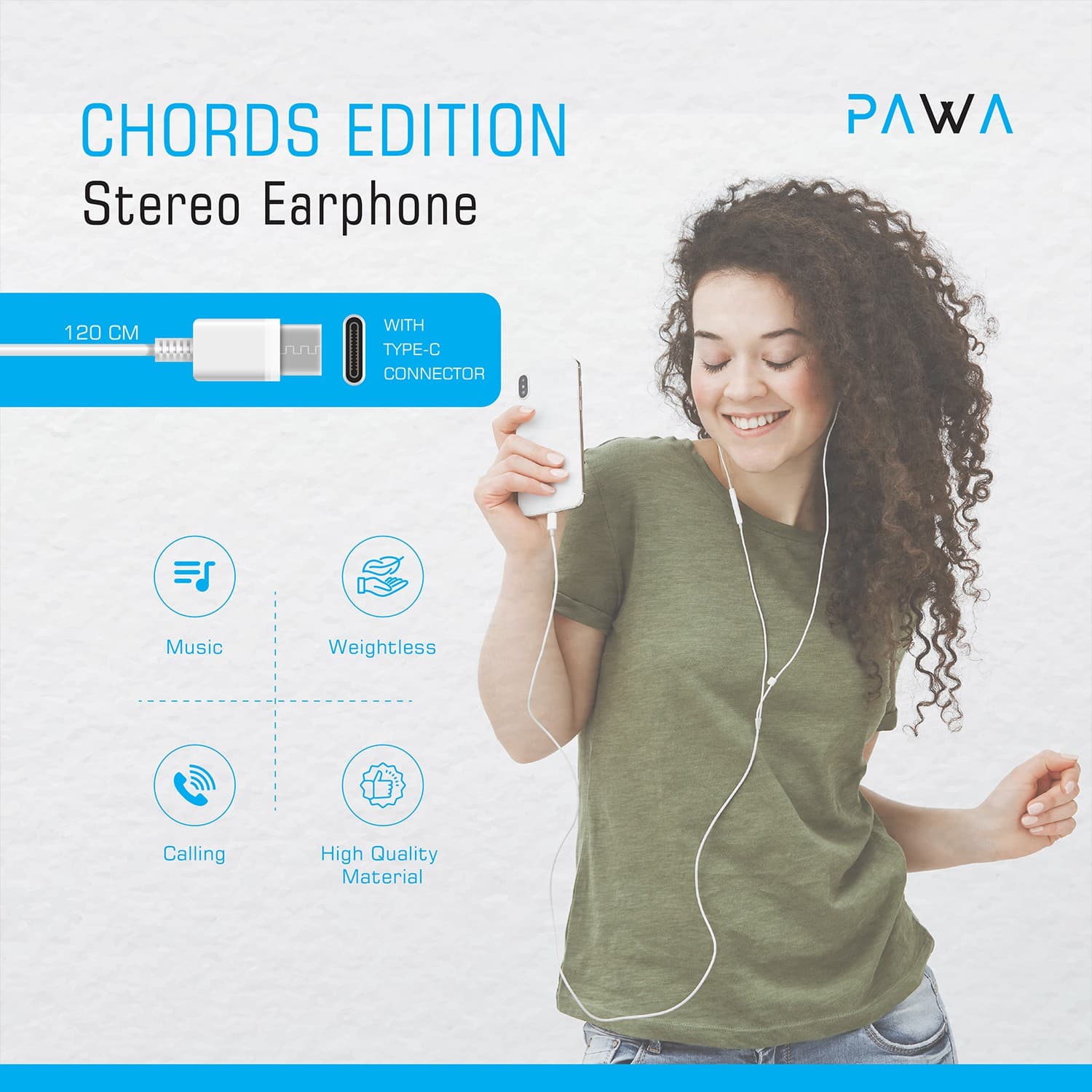 سماعات سلكية ستيريو بمنفذ Type-C لون أبيض من باوا PAWA Chords Series Stereo Earphone Type-C