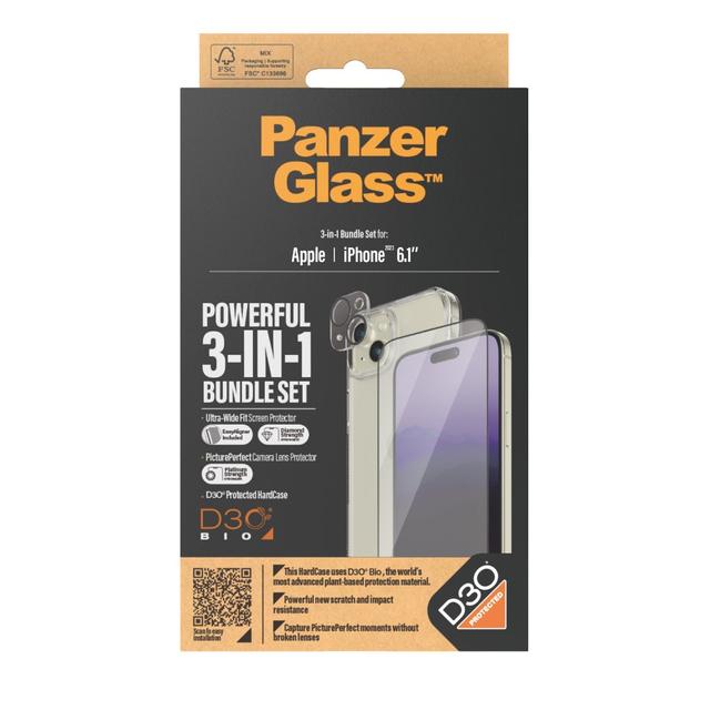 PanzerGlass Apple iPhone 15 2023 6.1" ULTIMATE PROTECTION 3in1 Bundle ClearCase w/ D3O +UWF Screen Protector + Camera Lens Protector - SW1hZ2U6MTU5MDM2OA==