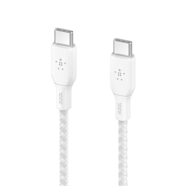 سلك شاحن تايب سي مجدول 100 واط 3 متر بيلكن أبيض BELKIN Boost Charge USB-C to USB-C Braided Cable 3 Meter - SW1hZ2U6MTY4MDA2Mw==