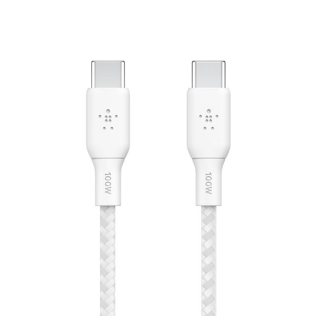 سلك شاحن تايب سي مجدول 100 واط 3 متر بيلكن أبيض BELKIN Boost Charge USB-C to USB-C Braided Cable 3 Meter - SW1hZ2U6MTY4MDA1OQ==