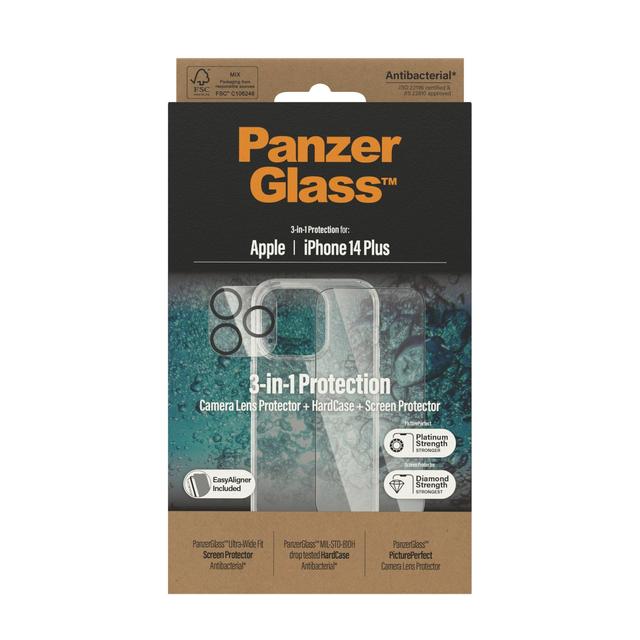 بكج حماية ايفون 14 بلس شفاف من بانزر جلاس PANZERGLASS iPhone 14 Plus 3-in-1 Bundle ClearCase Screen Protector Camera Lens Protector Clear - SW1hZ2U6MTY4MDE0Nw==