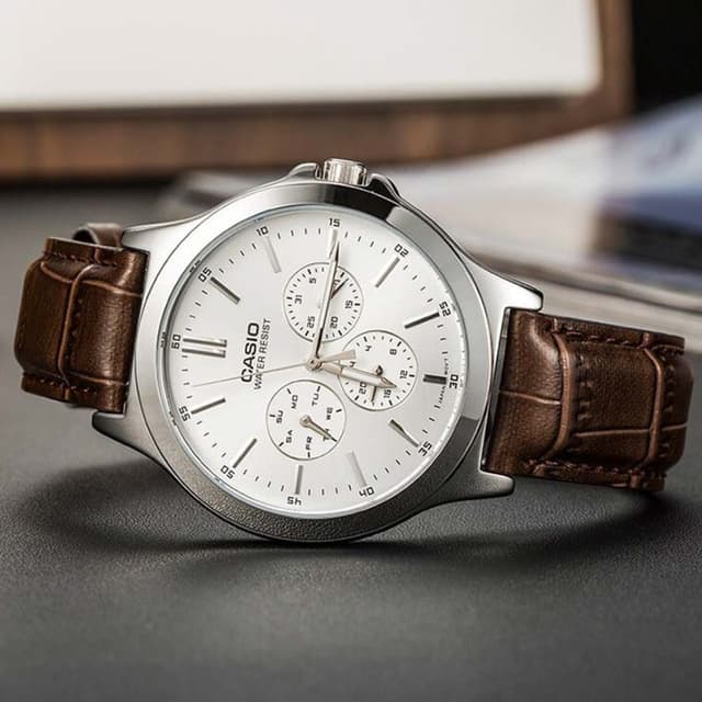 Order Casio Men's Enticer Silver Analogue Brown Leather Watch Mtp-V300l- 7audf Now! | Jomla.ae