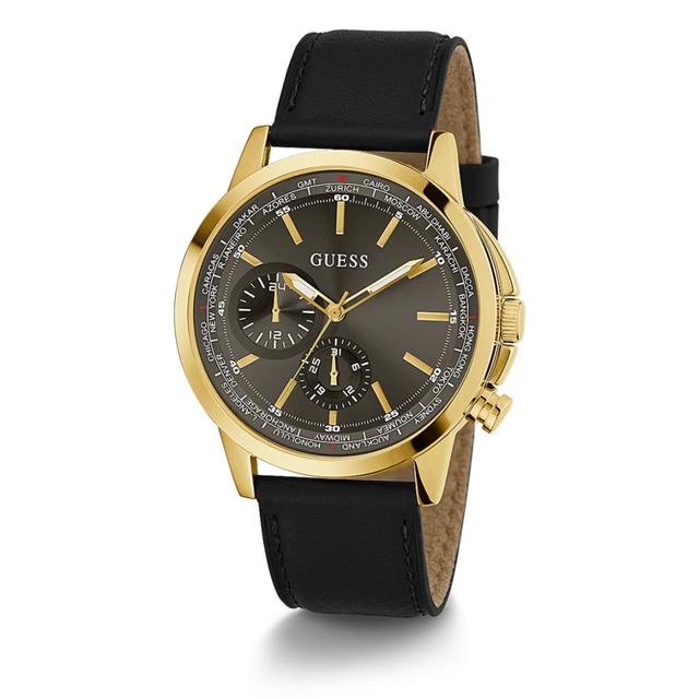 Guess Men's Gold Tone Case Black Genuine Leather Watch Gw0540g1 - SW1hZ2U6MTgzMDc1Mg==
