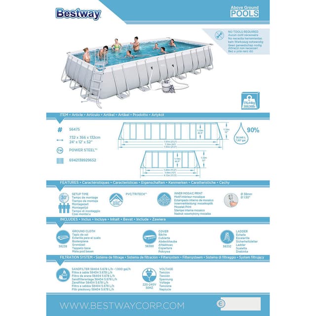 Bestway - Power Steel Rectangular Pool Set 732x366x132cm | Jomla.ae