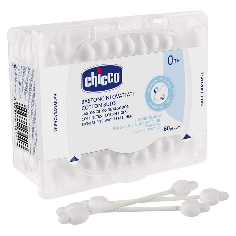 اعواد قطنية لتنظيف الاذن للاطفال 60 قطعة تشيكو Chicco - Cotton Buds Safe Hygiene with Eardrum Protection 60 Pcs