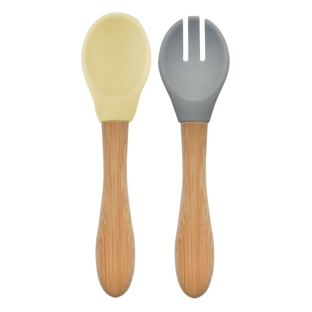ملعقة أطفال مع شوكة أصفر ورمادي مقبض خيزران من مينوكويوي Minikoioi - Dig In Spoon & Fork Set - Mellow Yellow/Powder Grey